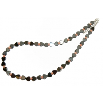 Grey Hematite Hearts and Angel Skin Coral Beaded Necklace