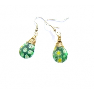 Green Millefiori Tear-Drop Earrings Green Millefiori Tear-Drop Earrings