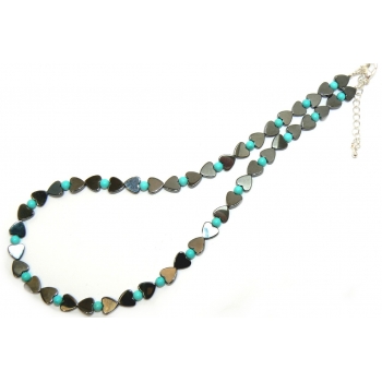 Grey Hematite Hearts and Turquoise Beaded Necklace Grey Hematite Hearts and Turquoise Beaded Necklace